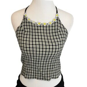 Plaid Halter Top Daisy Trim Crop Top‎ Black Yellow Sleeveless